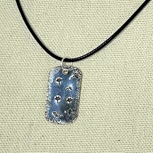 Handmade stamped dandelion silver dog‎ tag pendant black leather cord necklace